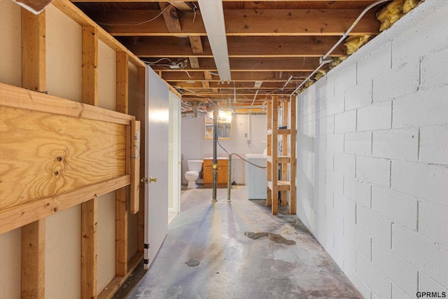 unfinished below grade area featuring washer / dryer and concrete block wall