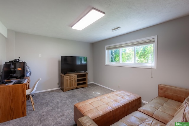 living area with carpet floors, baseboards, and visible vents