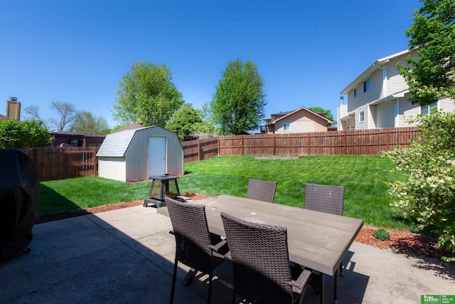 view of patio / terrace featuring a fenced backyard, an outbuilding, outdoor dining space, and a shed