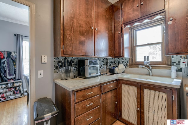 kitchen with decorative backsplash, ornamental molding, and a sink