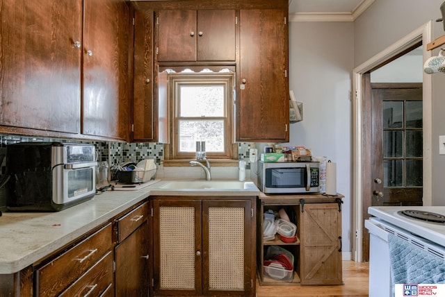 kitchen featuring tasteful backsplash, a sink, light countertops, stainless steel microwave, and ornamental molding