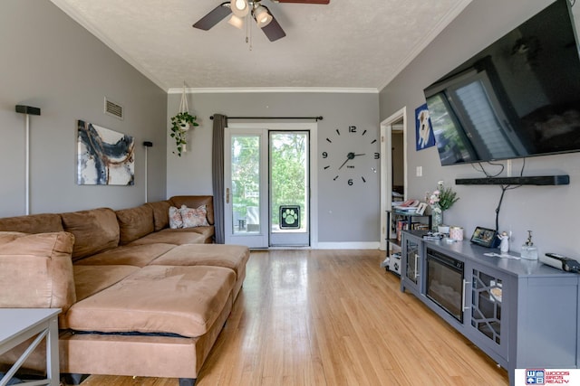living room with ceiling fan, visible vents, baseboards, light wood finished floors, and ornamental molding