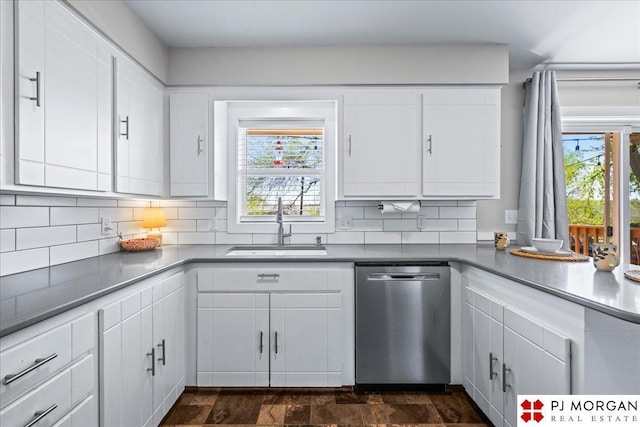 kitchen featuring stainless steel dishwasher, backsplash, plenty of natural light, and a sink