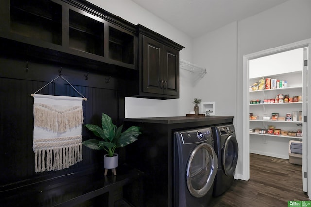 washroom with dark wood finished floors, cabinet space, and washer and dryer