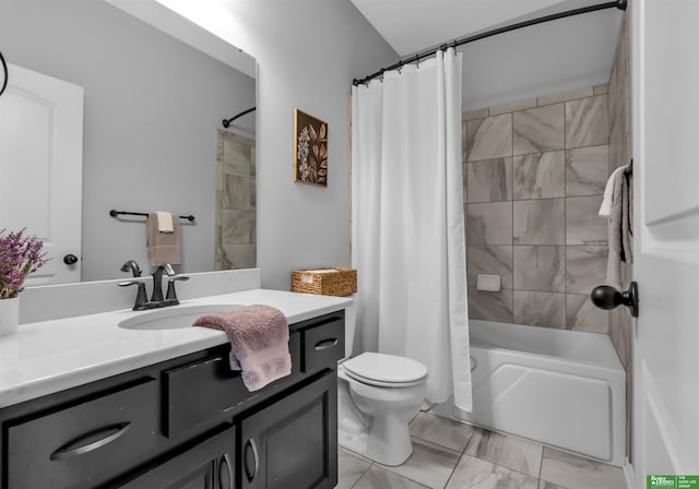bathroom featuring shower / bath combo with shower curtain, marble finish floor, toilet, and vanity