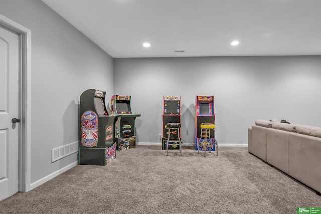 rec room featuring visible vents, recessed lighting, carpet, and baseboards