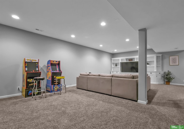carpeted living room featuring baseboards, recessed lighting, and visible vents
