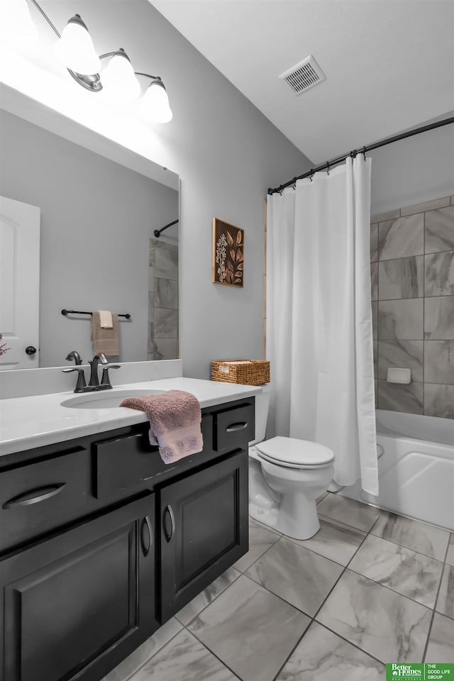 full bath featuring shower / tub combo with curtain, vanity, toilet, marble finish floor, and visible vents