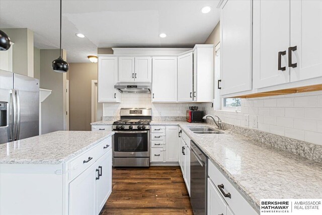 8230 Kilpatrick Pkwy, Bennington, NE 68007 - kitchen with appliances with stainless steel finishes, under cabinet range hood, a sink, dark wood-style floors, and white cabinetry