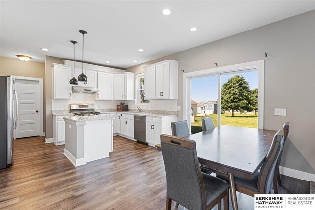 8230 Kilpatrick Pkwy, Bennington, NE 68007 - kitchen with appliances with stainless steel finishes, under cabinet range hood, a center island, a sink, and tasteful backsplash