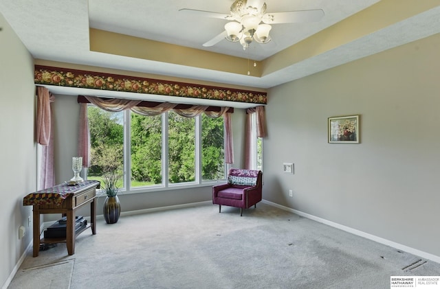 11402 Todd Dr, Blair, NE 68008 - living area featuring baseboards, carpet floors, ceiling fan, and a tray ceiling