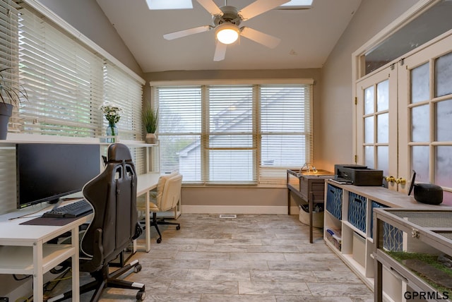 18063 Jones St, Elkhorn, NE 68022 - office area with ceiling fan, baseboards, lofted ceiling, and light wood-type flooring