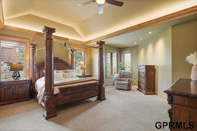 bedroom with ceiling fan, carpet, recessed lighting, baseboards, and lofted ceiling