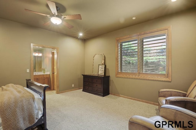 bedroom with recessed lighting, baseboards, and light carpet