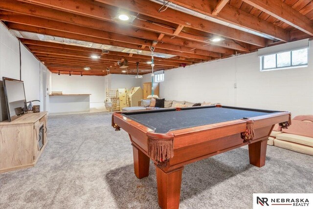 playroom featuring billiards, carpet, and concrete block wall