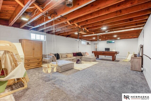 below grade area featuring billiards and carpet