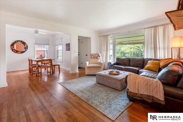 living room with baseboards, a wealth of natural light, and wood finished floors