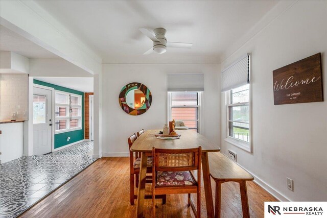dining room featuring light wood-style floors, baseboards, and ceiling fan