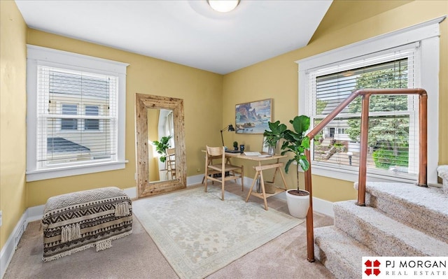 office area featuring carpet and baseboards
