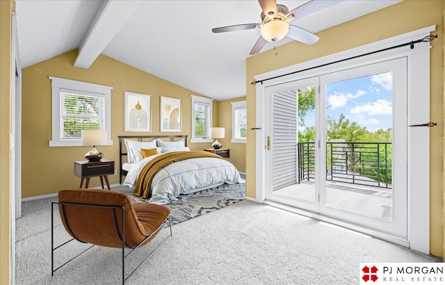 carpeted bedroom featuring access to outside, baseboards, and a ceiling fan
