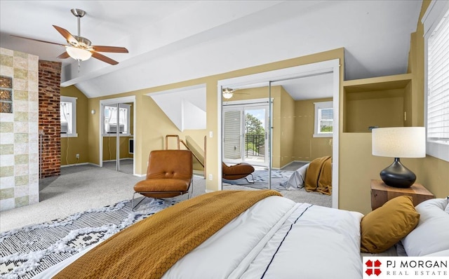 carpeted bedroom featuring lofted ceiling, access to exterior, baseboards, and ceiling fan