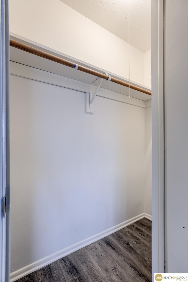 walk in closet with dark wood-type flooring