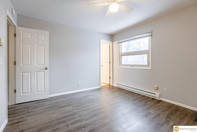 unfurnished bedroom featuring baseboards, ceiling fan, wood finished floors, and a baseboard radiator