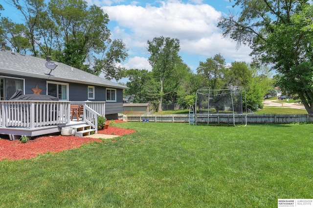 view of yard featuring a deck, fence, and a trampoline