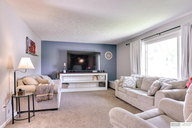 carpeted living area with a textured ceiling