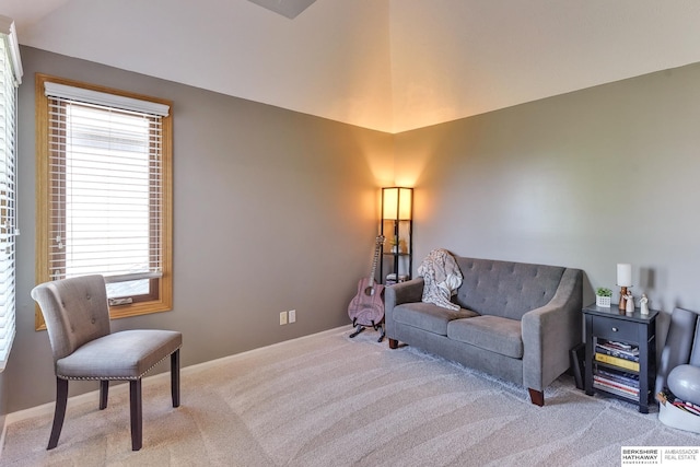 living area featuring carpet floors, baseboards, and lofted ceiling