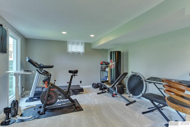 workout area featuring baseboards, carpet flooring, and recessed lighting