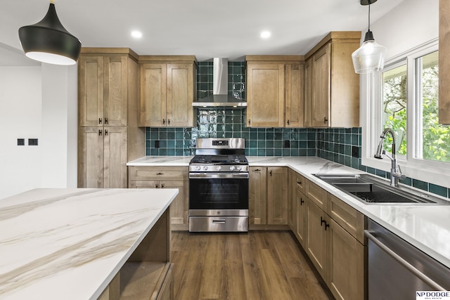kitchen with dark wood-style flooring, appliances with stainless steel finishes, a sink, wall chimney exhaust hood, and decorative backsplash