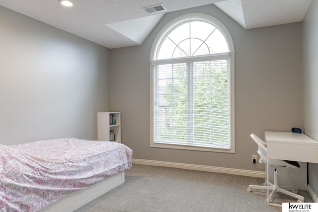 bedroom featuring carpet flooring, recessed lighting, baseboards, lofted ceiling, and visible vents