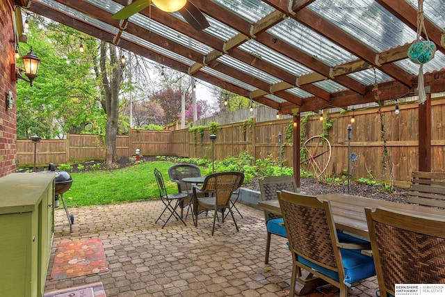 view of patio with a fenced backyard, outdoor dining space, and a pergola