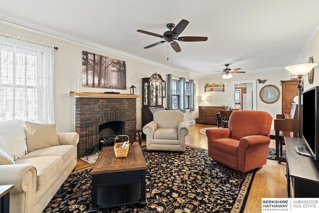 living room with ceiling fan, ornamental molding, and wood finished floors