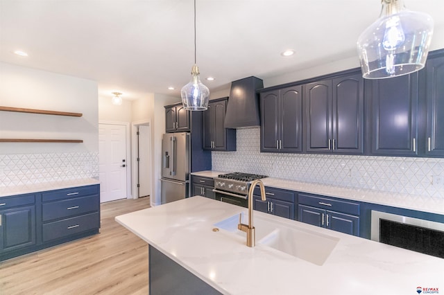 kitchen featuring open shelves, premium range hood, high quality fridge, light countertops, and decorative light fixtures