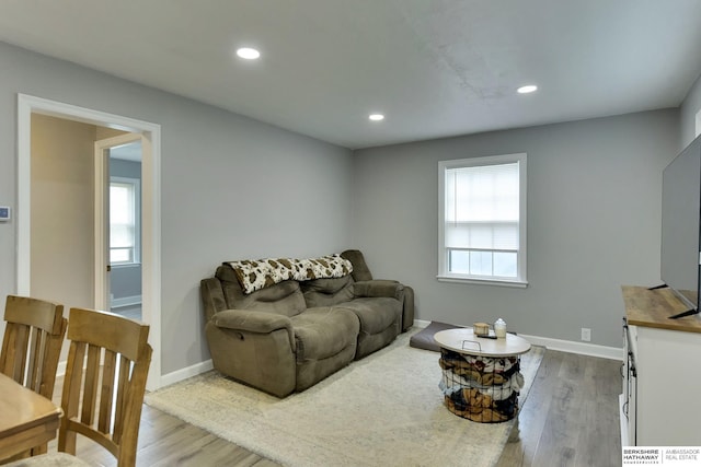 living area with baseboards, recessed lighting, and wood finished floors
