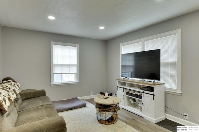 living area with baseboards, recessed lighting, and wood finished floors