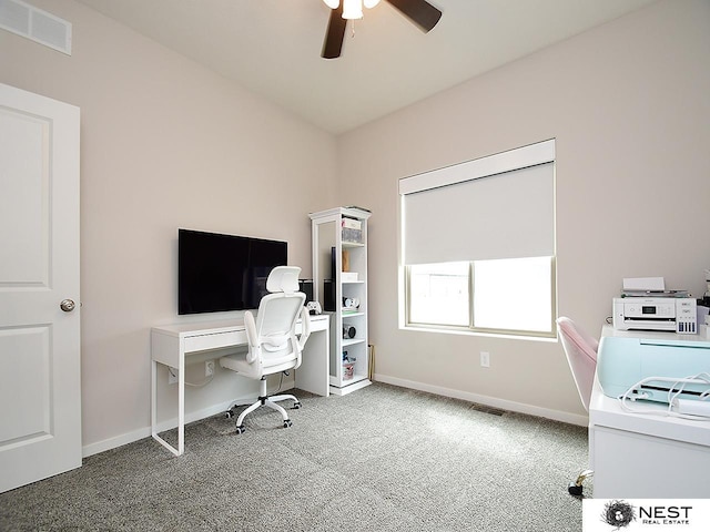 office area featuring baseboards, carpet, a ceiling fan, and visible vents