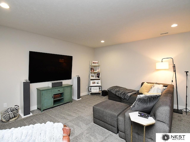 living room featuring carpet floors, recessed lighting, and baseboards