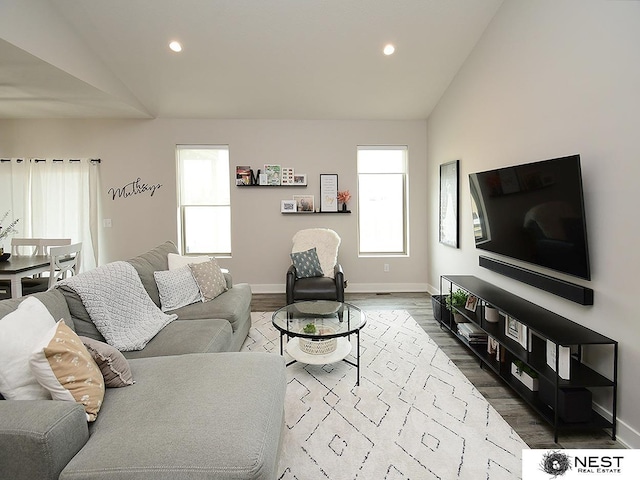 living area featuring plenty of natural light, baseboards, and wood finished floors