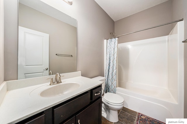 bathroom with vanity, shower / bath combo with shower curtain, and toilet