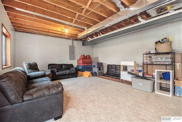 carpeted living room with electric panel