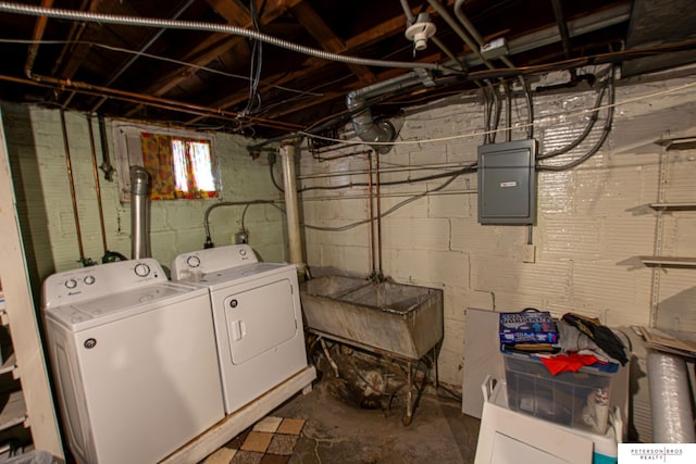laundry area featuring laundry area, electric panel, and washing machine and clothes dryer