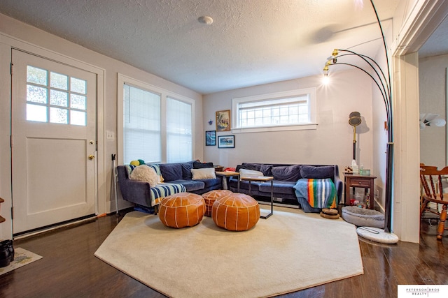 living room with a textured ceiling, dark wood-style floors, and plenty of natural light