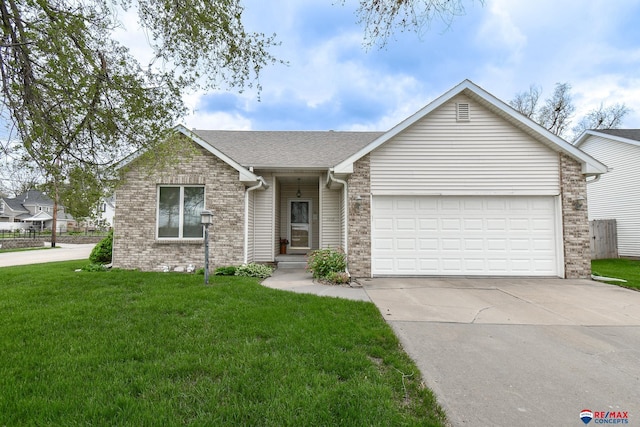 ranch-style home featuring a garage, driveway, a front lawn, and brick siding