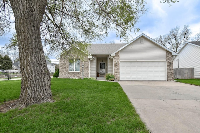 ranch-style house with a garage, fence, a front lawn, concrete driveway, and a shingled roof