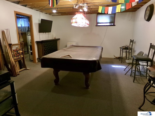 rec room featuring carpet flooring and pool table