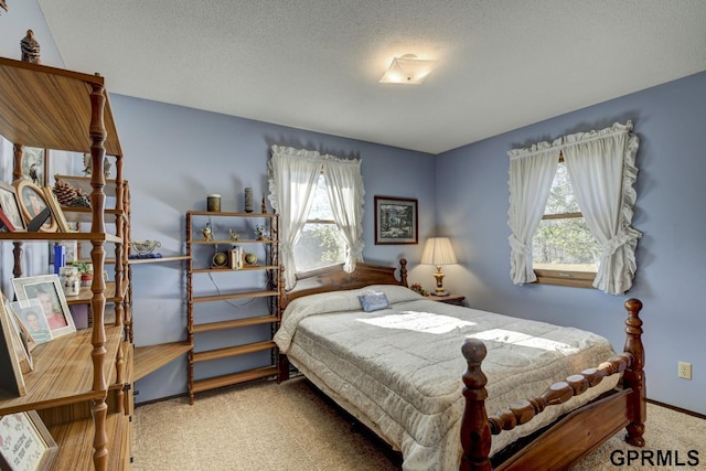 bedroom with carpet floors, a textured ceiling, and baseboards