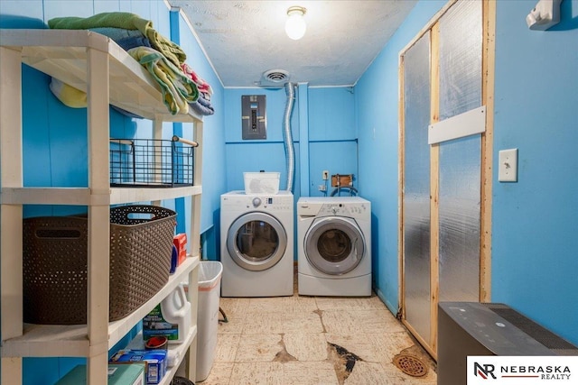 washroom featuring separate washer and dryer, laundry area, electric panel, and visible vents